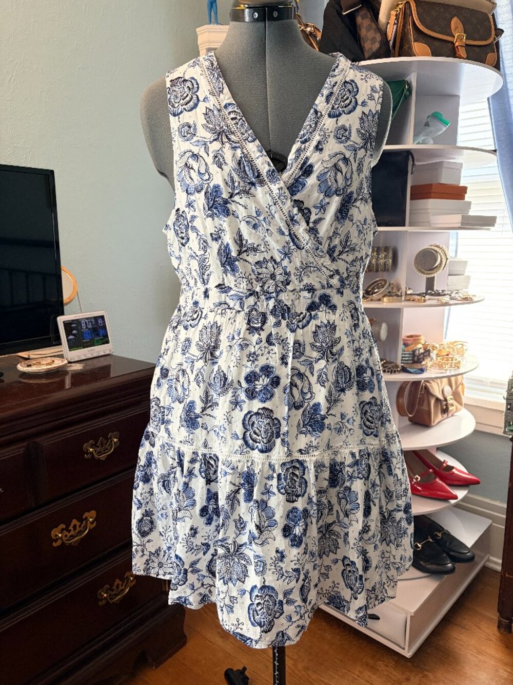 Lucky Brand Blue White Floral Cotton Wrap Dress US 14 UK 18 Cottagecore Vacation